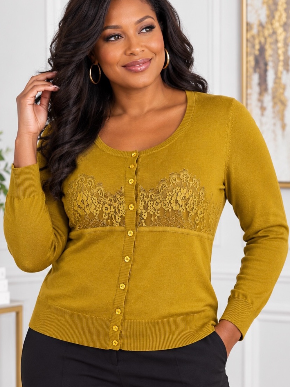 Moda Int. Cardigan Size L Mustard Gold Silk Blend Long Sleeve Lace Sweater